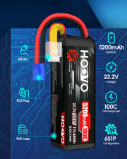 HOOVO 2Pcs 6S Lipo Battery 22.2V 100C 5200mAh with EC5 Connector for RC Car Truck Truggy Buggy Tank RC Airplane Helicopter Boat