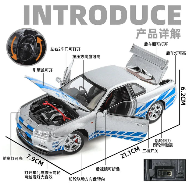 1:24 Nissan GTR R34 Diecast Model Car with Sound & Light